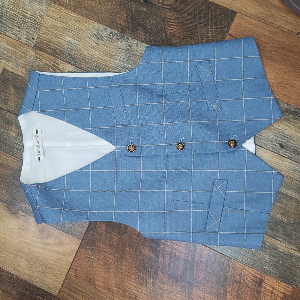 Blue and Tan Windowpane Check Plaid Vest, Size 7